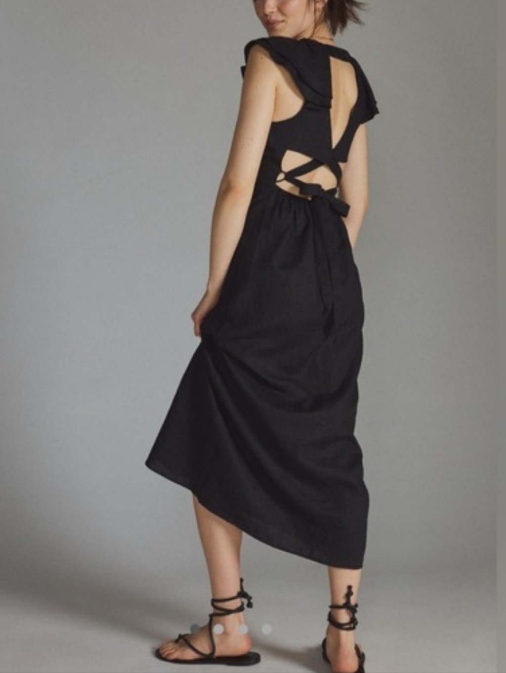 Anthropologie Linen Black Open-Back Midi Dress With Tie Detail Size Xl